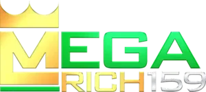 โลโก้ MEGARICH159 ตัวอักษรทองและเขียวพร้อมมงกุฎทอง